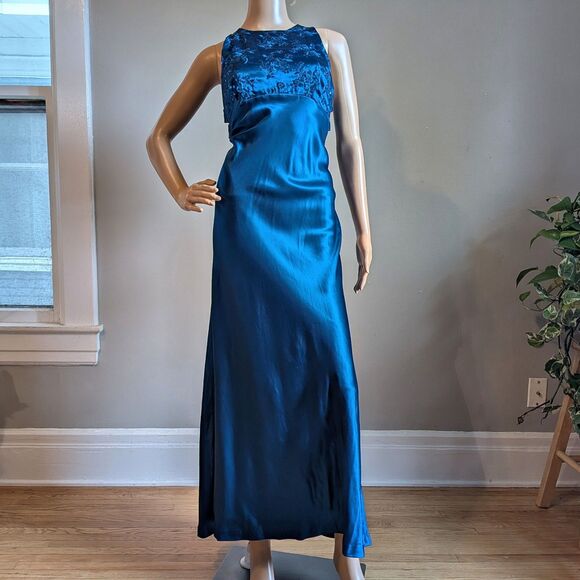 Vintage Y2K Zum Zum Blue Silky Evening Gown Maxi Prom Dress Sequins Size 4 - Picture 2 of 10
